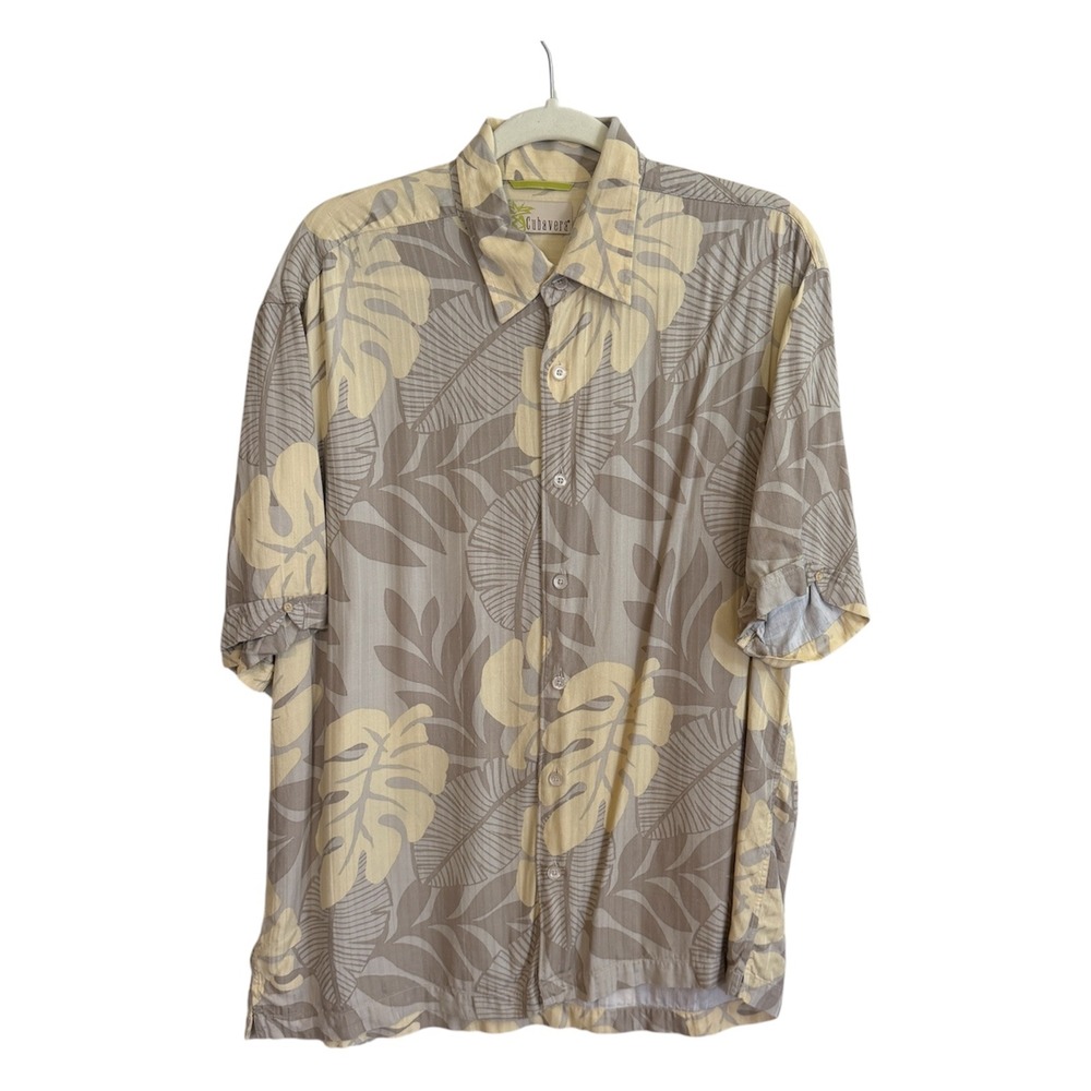 Cubavera Button Down Shirt Mens L Tan Tropical Monstera Leaf Print Short Sleeve